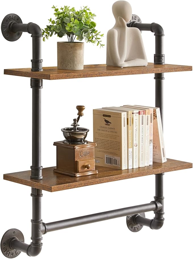 YMYNY Industrial Pipe Shelf Bracket, 2 Tiers Retro Wall Mounted Floating Shelf, Wood Look DIY Storage Shelving Bookshelf, UHRF-TM014