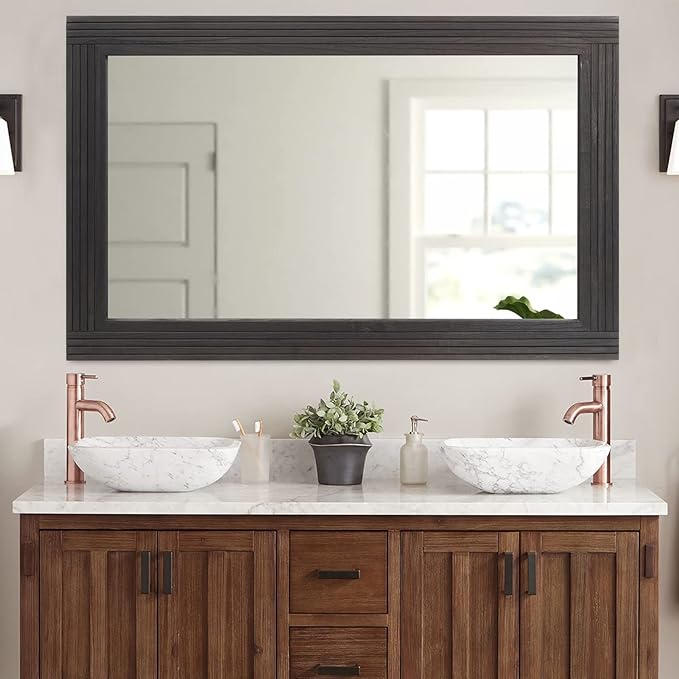YOSHOOT Hand-Made Wooden Spliced Wall Mirror for Bathroom, Rustic Farmhouse Vanity Mirror, Décor Wall Art, Solid Wood Frame, Vertical or Horizontal Hanging, 53" x 28", Black