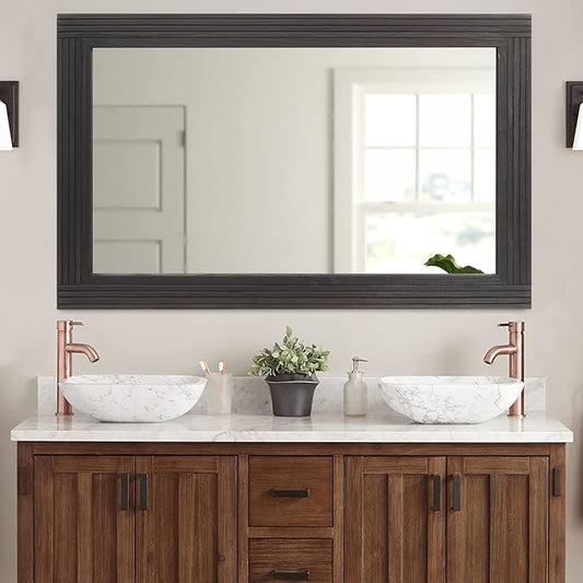 YOSHOOT Hand-Made Wooden Spliced Wall Mirror for Bathroom, Rustic Farmhouse Vanity Mirror, Décor Wall Art, Solid Wood Frame, Vertical or Horizontal Hanging, 53" x 28", Black