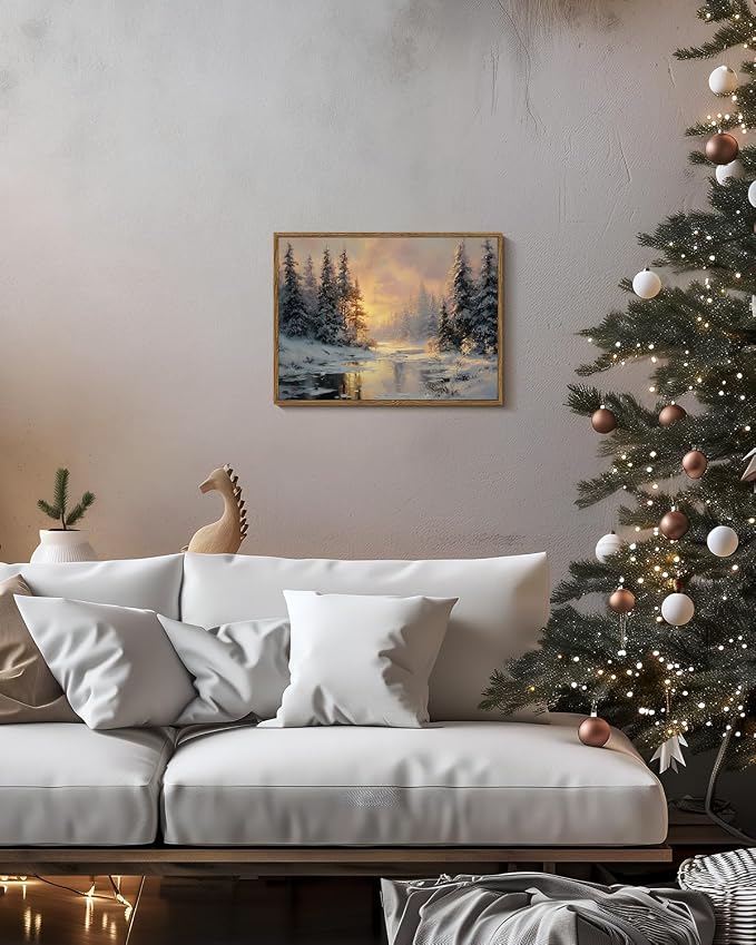 InSimSea Christmas Decor Framed Wall Art, Winter snow scene Canvas Painting, Warm and peaceful Holiday decor Unique Christmas Gifts For Table Wall Farmhouse Mantel Home Office 12L x 16W