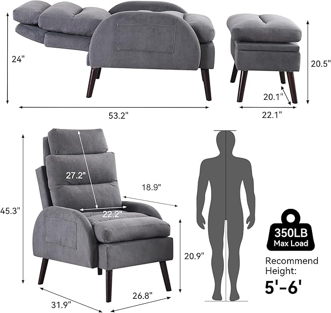 HCHAIRH Accent Chair with Ottoman, Comfy Reading Chair and Ottoman Set, Modern Oversized Velvet Lounge Armchair with Adjustable Backrest for Living Room Bedroom, Velvet Dark Grey