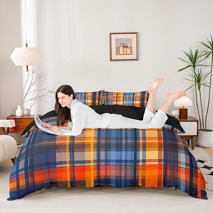 Erosebridal Boys Girls Plaid Toddler Comforter Cover Orange Blue Checkered Duvet Cover for Kids Teens Buffalo Grid Stripes Geometric Bedding Set Rustic Farmhouse Style Bed Set with Zipper
