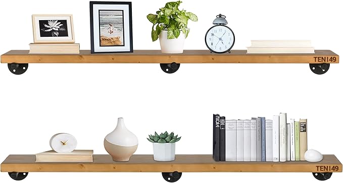 TEN49 Real Wood Rustic Floating Shelves Wall - 48 Wide Small Wooden Industrial Pipe Shelving - Farmhouse Pipe Wall Shelves Furniture Bathroom Decor Art Shelf Kitchen - Light Walnut Color - Set of 2