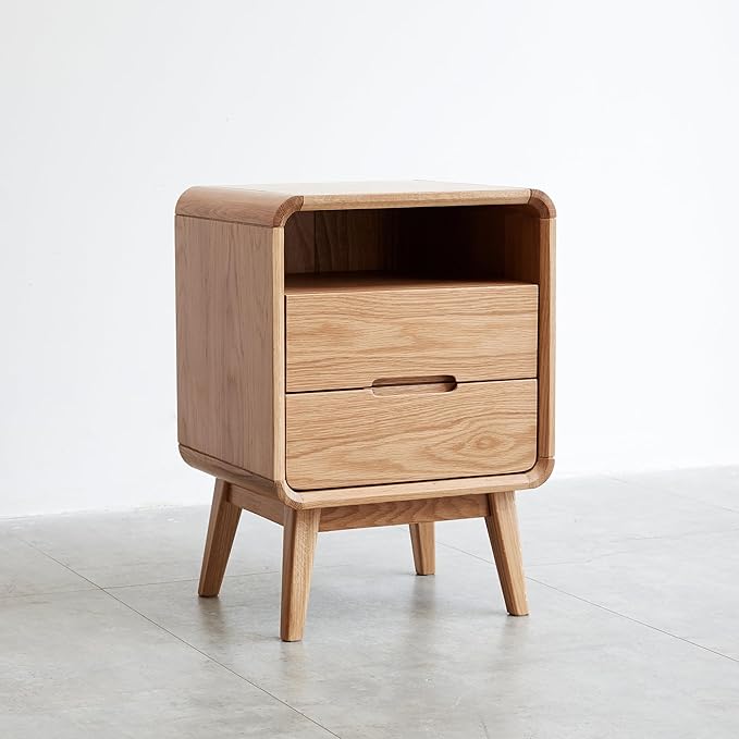 Mid-Century Modern Solid Oak Nightstand, 2-Drawer Bedside Table with Open Storage, Wooden Bedroom End Table (Natural Oak, 16.53”x13.78”x23.22”)