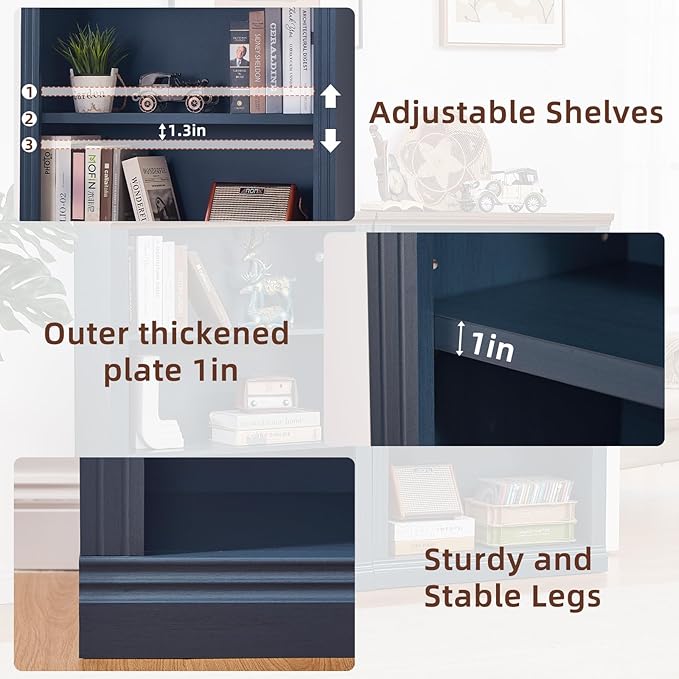 43" Blue Tall Bookshelf Set of 3,3-Tier Thick Wooden Book Shelf with Adjustable Shelves,Free Standing Farmhouse Bookcase with Open Display Storage,Floor Vintage Bookshelves for Living Room ﻿