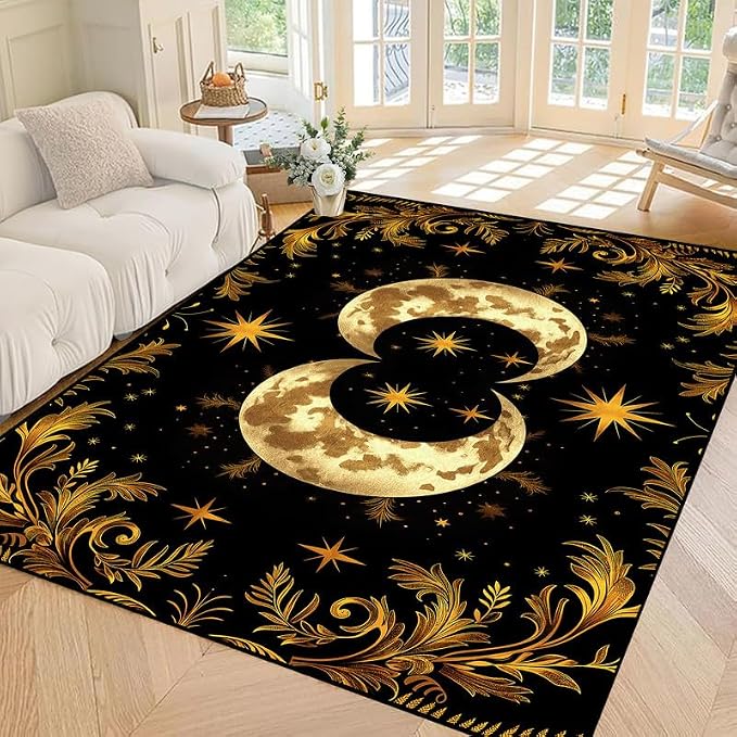 Sun Moon Star Area Rug 5'x7' Golden Boho Carpet Non-Slip Washable Low Pile Floor Mat for Bedroom Living Room Nursery Playroom Classroom Home Decor