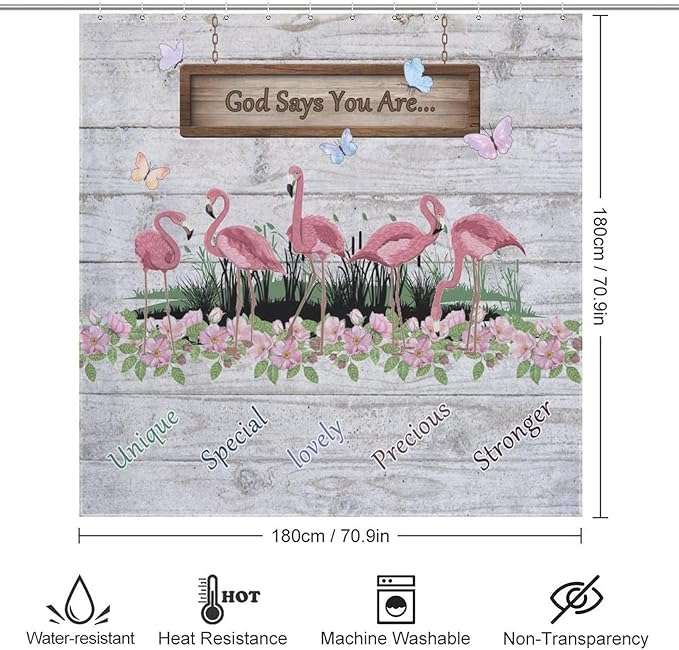 Flamingo Shower Curtain,Summer Beach Tropical Leaves Butterflys Floral with Inspirational Quotes Waterproof Shower Curtains for Bathroom Decor 12 Pack Hooks 72x72in (183x183cm)