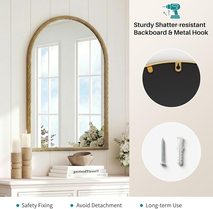 Large Vintage Arched Wall Mirror - 24"X36" Retro Gold Rope-Like Metal Framed Mounted Mirror for Wall Decor, Vanity Mirrors for Bathroom, Living Room, Bedroom, Fireplace
