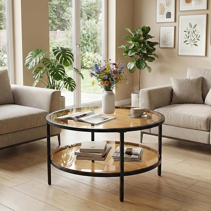 DIYART 29.5" Round Glass Coffee Table, 2-Tier Modern Amber Glass & Metal End Table for Living Room, Mid Century Accent Table with Lower Shelf, 29.5" D x 16.5" H