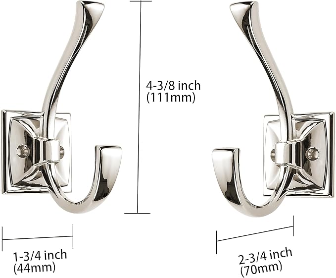 Large Wall Hooks 5 Pack - Polished Nickel Coat Hardware for Hanging Coats - 4.35 Inch Double Robe Hook Wall Mounted With Screws for Key, Towel, Bags, Cup, Hat