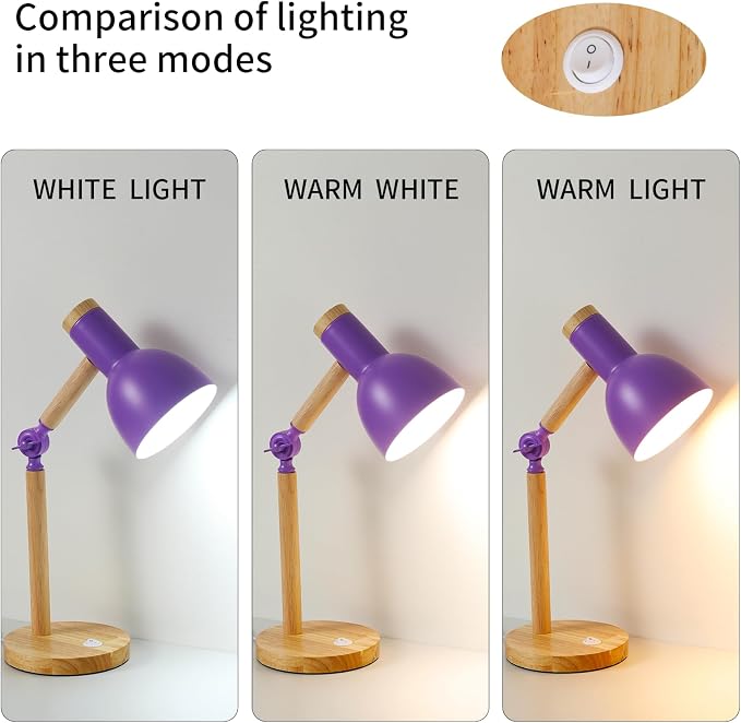 Table Lamp,Small Wood Desk Light, Tri-Color 5W Wooden Desk Lamp,Dorm Lamp,Eye Protection Desk Lamp,Metal Shade Suitable for Living Room, Bedroom,Students' Dormitory and Study Room (Purple)