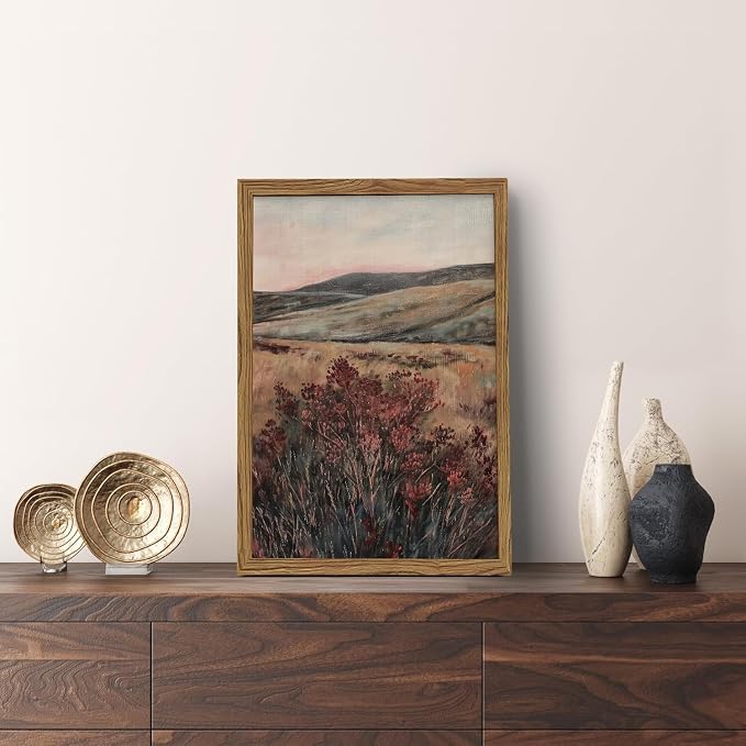 Moody Landscape Wall Art Vintage Wildflower Wall Decor Painting Cottagecore Nature Botanical Flower Picture Artwork 3D Textured Hand Drawn Sandstone for Living Room Bedroom 16x24 inch Wood Framed