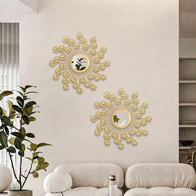 2 Pack Metal Mirrors for Wall Boho Sunburst Wall Mirror Home Decor Modern Decorative Wall Art for Bedroom Living Room Entryway