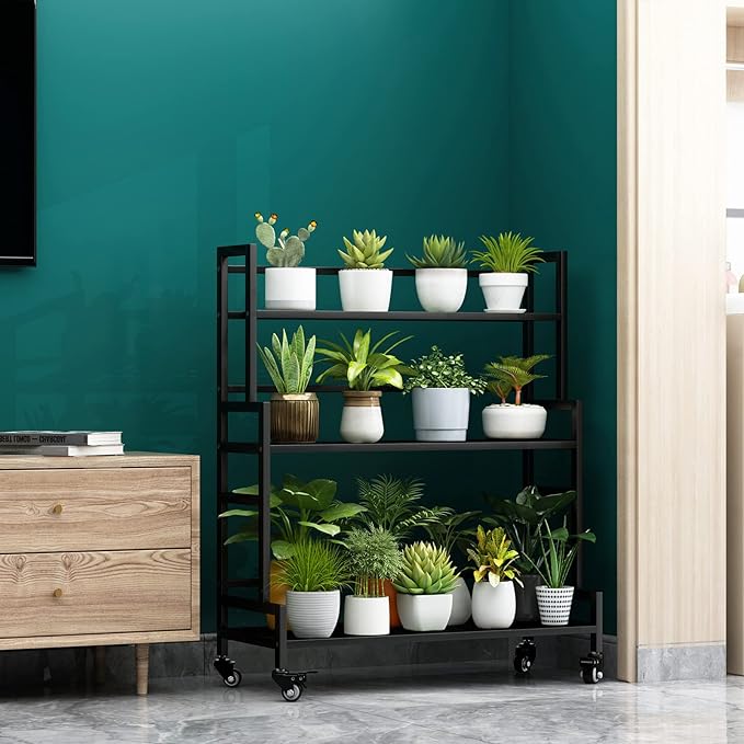 YIZAJIA Plant Stand Indoor 3 Tier Metal Outdoor Tiered Stands Shelf With wheel for Multiple Plants Potted Ladder Plant Holder Table Plant Pot Stand for Window Garden Balcony Living Room