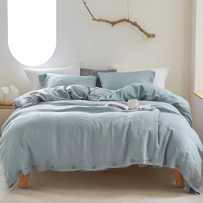 Simple&Opulence 100% Linen Duvet Cover Set 3pcs with Coconut Button Closure Natural French Washed Flax Solid Color Soft Breathable Farmhouse Bedding - Dusty Blue, King Size