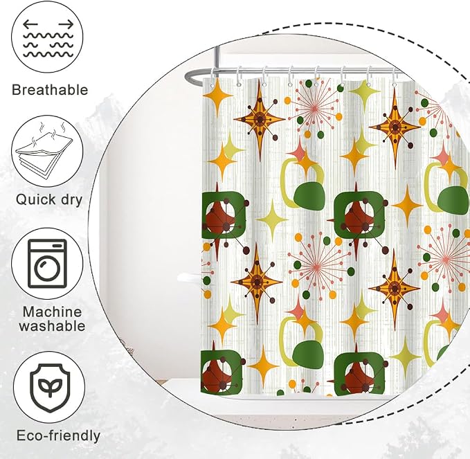 Mid Century Shower Curtain, 72x78inch, Modern Abstract Retro Green Striped Geometric Shower Curtain Sets 1950s Boho Bathroom Shower Curtain with 12 Hooks