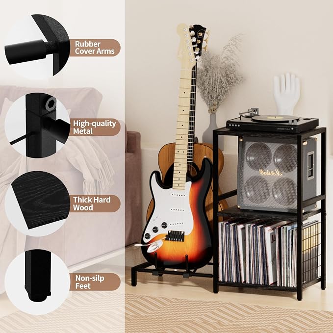 YAKANJ End Table with Guitar Stand,Record Player Stand,Vinyl Records Storage,2-Tier Guitar Stand for Acoustic, Electric Guitar,Bass,Turntable Stand Side Table for Music Room Studio Living Room-Black