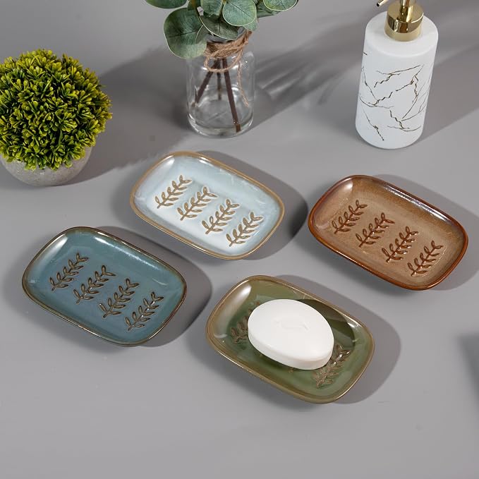 HighHerz Aesthetic Ceramic Soap Dish for Shower, Soap Holder with Raised Relief, Shower Soap Dish for Shampoo Bar Or Sponge, Soap Saver for Bathroom, Kitchen, Sink, Decorative Soap Tray (Brown)