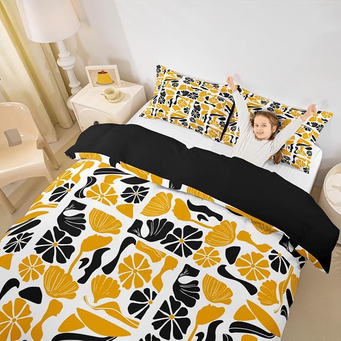 Erosebridal Boho Abstract Yellow Floral Bedding Set King Mid Century Plants Duvet Cover Modern Abstract Geometric Patchwork Comforter Cover for Kids Adults,Vintage Aesthetic Botanical Flowers Bed Set