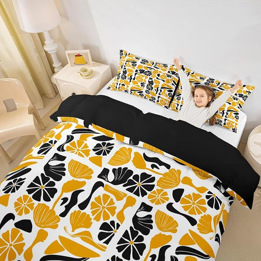 Boho Abstract Yellow Floral Toddler Bedding Set Mid Century Plants Duvet Cover Modern Abstract Geometric Patchwork Comforter Cover For Kids Adults,Vintage Aesthetic Botanical Flowers Bed Set