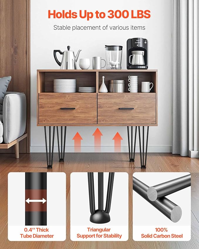 VEVOR Hairpin Table Legs 20" Black Set of 4 Desk Legs 880lbs Load Capacity (Each 220lbs) Hairpin Desk Legs 3 Rods for Bench Desk Dining End Table Chairs Carbon Steel DIY Heavy Duty Furniture Legs