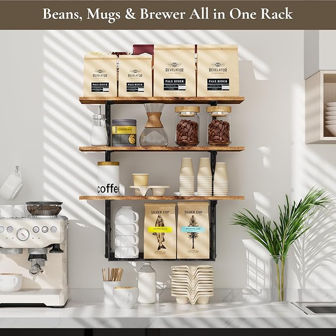 3 Tier Floating Shelf with Storage Baskets, Wall Mounted Bathroom Shelves Over Toilet, Wood Wall Shelves for Kitchen, Bedroom, Living Room, Home Organization and Decor, Rustic Brown