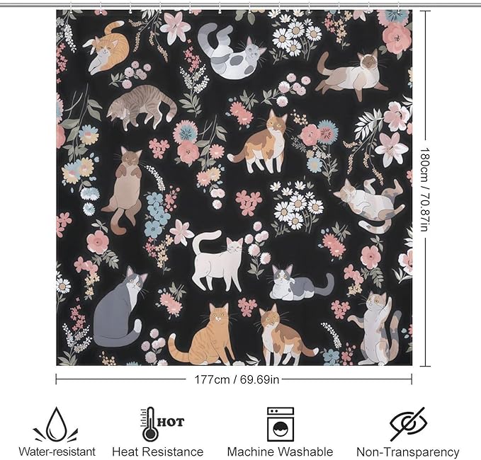 Cat Shower Curtain,Watercolor Black Floral Garden Funny Animals Bathroom Curtain Polyester Waterproof Fabric Decor 72x72in（183x183cm）