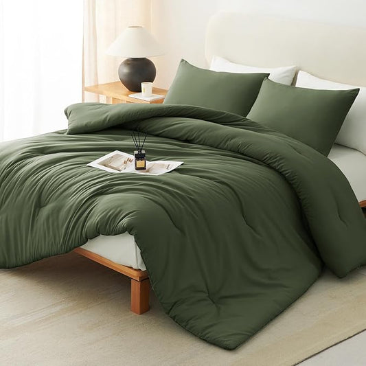 CozyLux California King Comforter Set Olive Green, 3 Pieces Cal King Lightweight Down Alternative Quilted Bedding Sets, All Season Breathable Solid Comforter with 2 Pillowcases, Bed Set Gift for Home