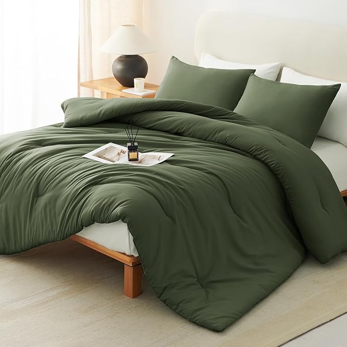 CozyLux Oversized Queen Comforter Set Olive Green, 3 Pieces 98"x98" Lightweight Down Alternative Quilted Bedding Sets, All Season Breathable Solid Comforter with 2 Pillowcases, Bed Set Gift for Home