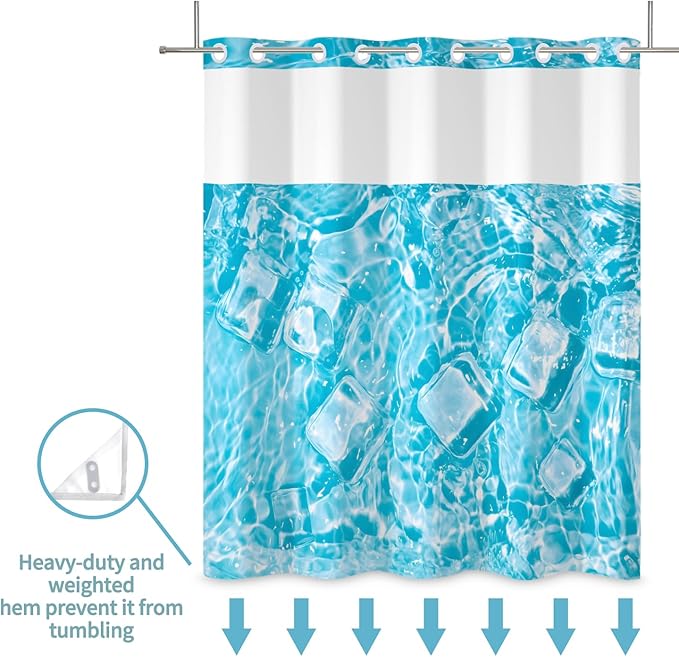 Blue Shower Curtain with Snap in Liner Water Pattern with Ice Cubes Summer Cool No Hook Shower Curtains with Mesh Polyester Fabric Waterproof Bathroom Curtain Set 71x74 Inch