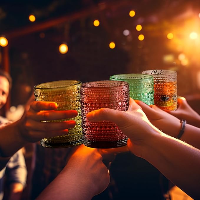 Colored Hobnail Drinking Glasses Set of 12, 15oz&12oz Kitchen Vintage Glassware, Embossed Beaded Water Tumbler for Cocktail, Juice and Various Mixed Drinks Dishwasher-Safe
