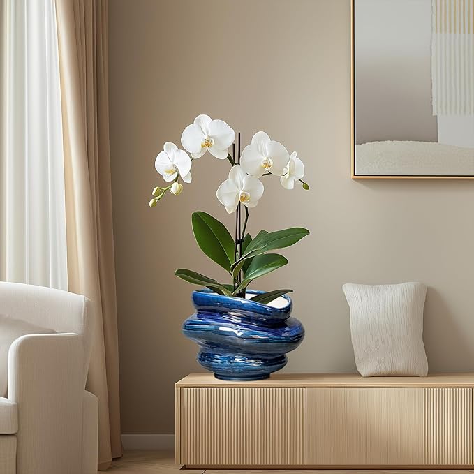 Ceramic Pots for Plants - 10.6 Inch Ceramic Planter with Drainage Hole, Decorative Planters for Indoor Outdoor, Unique Flower Pots, Garden Office House Decor, Birthday Housewarming Gifts, Blue
