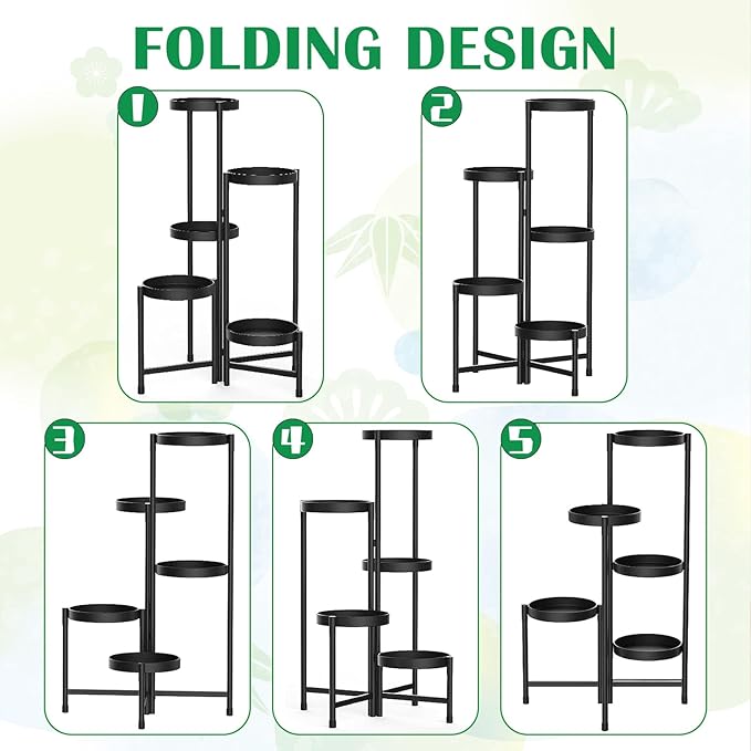 Plant Stand Indoor Outdoor 5 Tier Metal Plant Stand, Foldable Corner Plant Shelf Multi Tiered Flower Pot Holder Display Rack, Heavy Duty Multiple Plant Holder for Patio Living Room Balcony Garden, Black