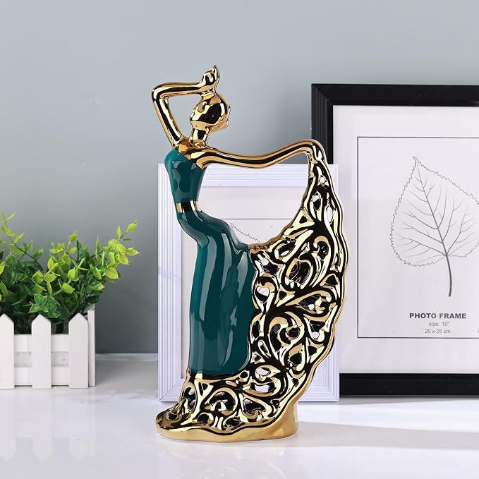 DOVDOV Ceramic Peacock Dancer Statue, Green and Gold Home Decor, Ballerina Sculpture, Peacock Home Decor for Room Corner Shelf Bathroom Shelf Corner Shelf TV Cabinet Corner Counter Top Decoration
