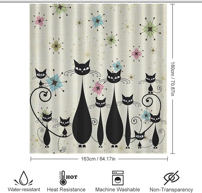Mid Century Black Cat Shower Curtain,Retro Funny Atomic Cat Modern Abstract Geometric Iconic Pattern Bathroom Curtain Polyester Waterproof Fabric Decor 66x72in（168x183cm）