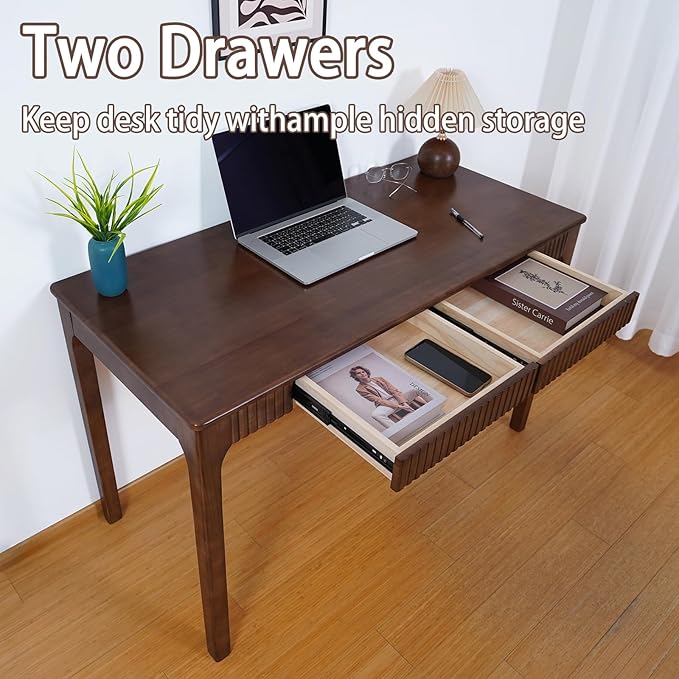 Solid Wood Desk with Drawer, Small Writing Desk for Small Spaces,Gaming Study Home Office Workbench woodenDesks for Work, 39 inch Wooden Computer Desk for Bedroom Walnut Color