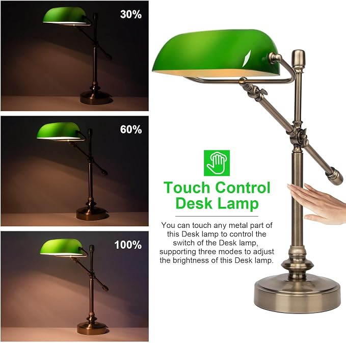 FIRVRE Green Bankers Desk Lamp, Dimmable Retro LED Desk Lamp with Charging Function, Touch Adjustable Dimming E26 Lamp, Retro Style Reading Light for Study, Home Office, Living Room(1Bulb Included)