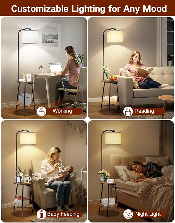 Floor Lamp with Round Table, Dimmable LED Standing Lamp with Remote, 3 Color Temperatures, Side Table with Charging Station, Space-Saving End Table for Living Room, Bedroom, Office