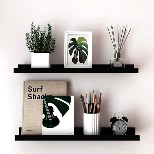Long Floating Shelves for Wall Decor, Long Wall Mounted Storage Shelf for Bedroom, Living Room, Bathroom, Kitchen, Nursery, Display Picture Ledge Shelf with Lip Set of 2-24 Inches, Black