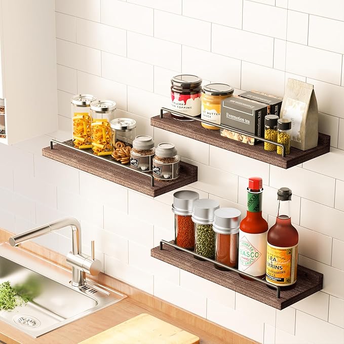 Floating Shelves for Wall Decor Bathroom Shelves Over Toilet, Farmhouse Wall Shelves for Living Room, Bedroom, Picture Frames, Plants, Kitchen (Dark Brown, Set of 3)