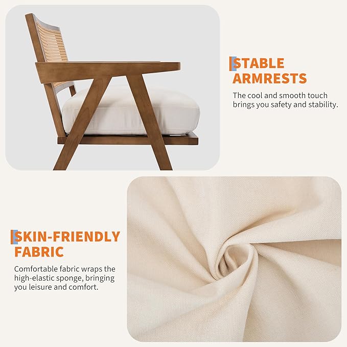 Accent Chair Mid Century Modern, Comfy Living Room Chairs with Sturdy Wood Legs, Rattan Backrest & Beige Thick Linen Cushion, Armchair for Bedroom Balcony Apartment, Beige