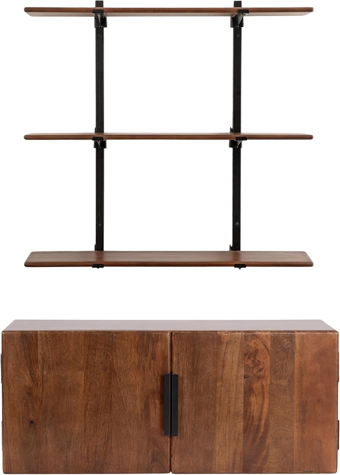 Kate and Laurel Atwood Modern Mango Wood Two-Door Wall Cabinet and Shelf Set, Walnut Brown, Decorative Storage Cabinet with Tiered Wall Shelves for Use as Cohesive Bar Storage Unit