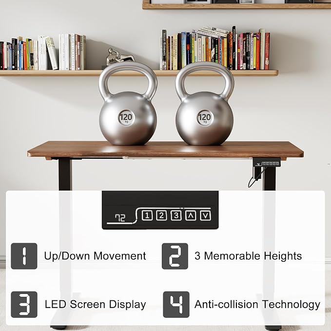 Solid Wood Electric Standing Desk 47.2"x23.6"Home Office Desk,Adjustable Workbench with 3 Stages Single Motor, Computer Workstation with T-Shaped Metal Bracket,Walnut Standing Table for Gaming(1 Box)