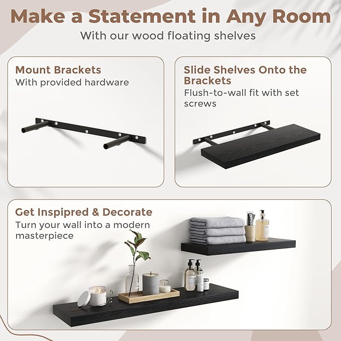 24 Inch Floating Shelves for Wall Set of 2, 8"D Wood Grain Bathroom Shelves with Invisible Brackets, Easy Install Engineered Wood Storage Shelves for Kitchen, Living Room, Bedroom, Black Finish