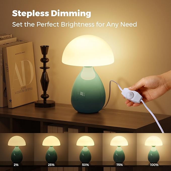 Mushroom Lamp, Vintage Small Table Lamp for Bedroom, Ice Crack Ceramic LED Night Light for Kids, Mid Century Modern Bedside Lamp for Nightstand, Living Room, Home Decor Gift Ideas for Women, Blue