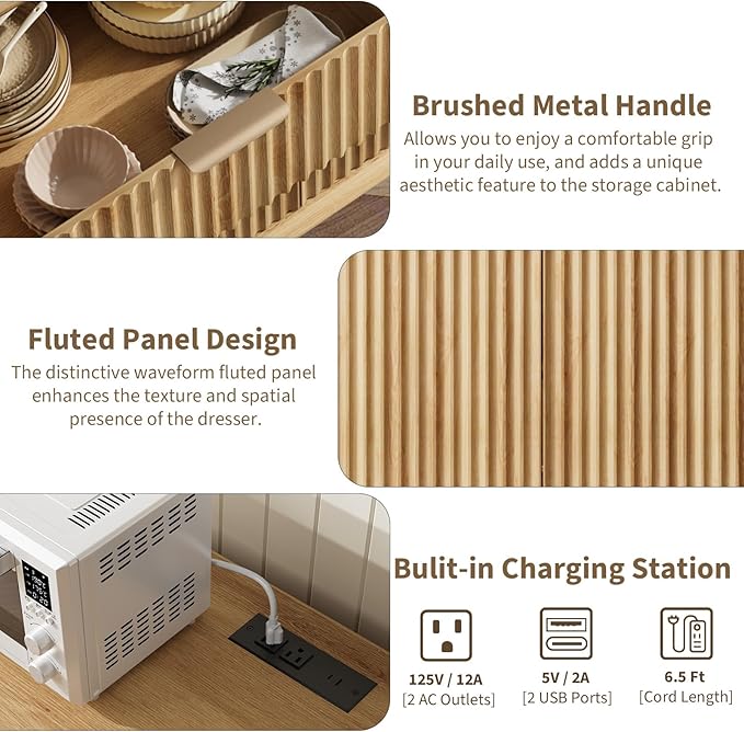 QUW Fluted Buffet Sideboard Cabinet with Storage, 47.2" Kitchen Cabinet with Drawers and Adjustable Shelves, Modern Coffee Bar with Charging Station, for Dining Room, Living Room, Natural Oak