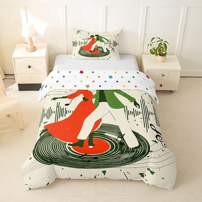 Erosebridal Retro Music Bedding Set Twin for Adults - Romantic Couple Dance Duvet Cover Vintage Vinyl Record Comforter Cover,Trendy Musical Notes Bed Set