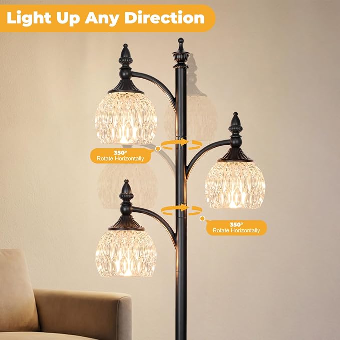 JUNNAI Black Flower Floor Lamp,Tall Standing Lamp Dimmable Tree Floor Lamps with 3 Lights Glass Shade 66.5in Modern Corner Lamp for Living Room Bedroom Office(3LED Bulbs