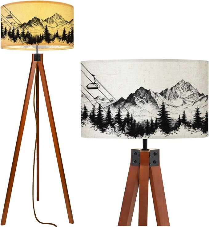 Wood Tripod Floor Lamp for Bedroom, Modern Mountain Ski Lift Sketch Pine Trees Peaks Forest Alpine Scenery Pen Reading Standing Lamp, Mid Century Night Light for Study Room Living Room Office