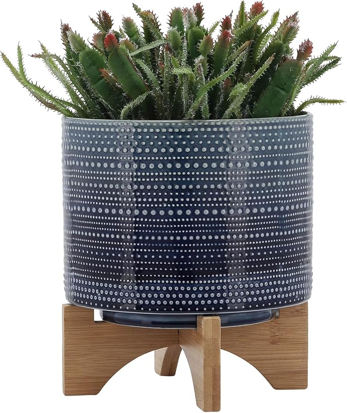 Dotted Decorative Planter Pot with Wood Stand – Ceramic Stoneware Outdoor & Indoor Plant Pot with Drainage Holes – Modern Garden & Home Decor Planters – 10", Blue
